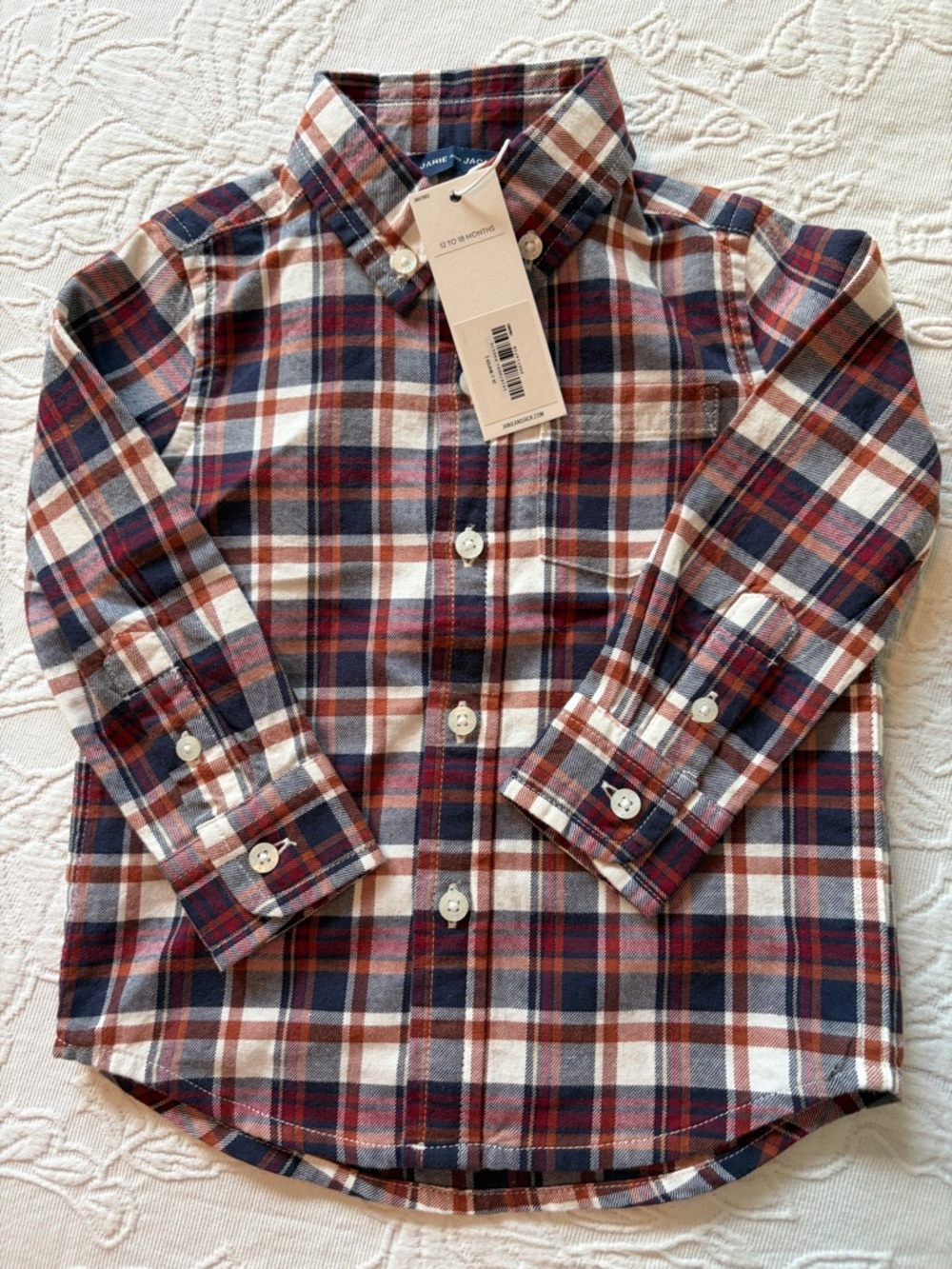 Janie and Jack Boys' Plaid Button-Down Shirt - Navy, Red & Cream new 12-18
